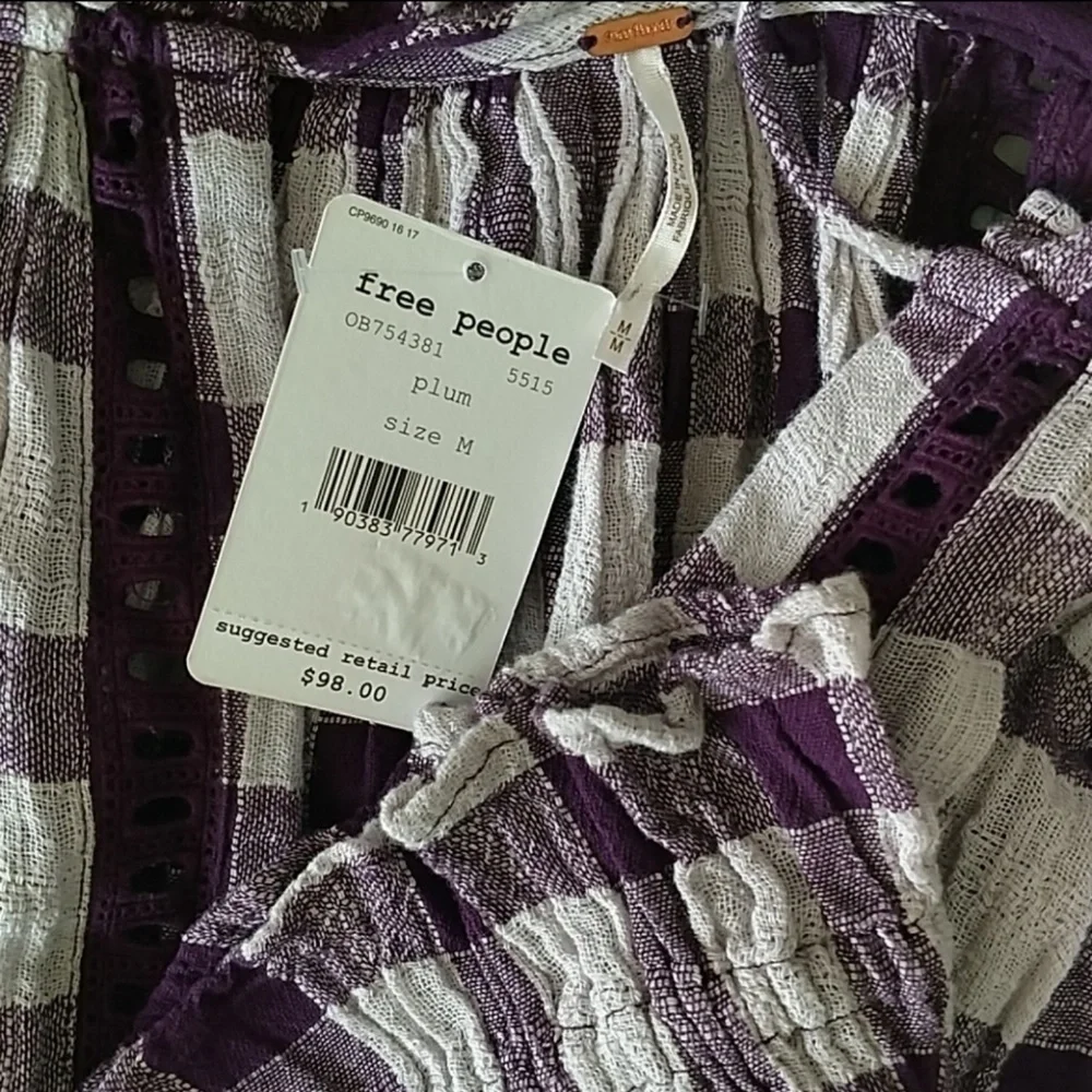 Free People Blouse Peasant Plaid V-Neck Tassel Tie Gauzy Cotton Plum White M NWT